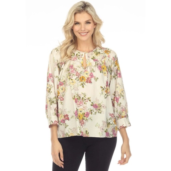 Johnny Was Tops - Johnny Was Jade Isabella Floral Three-Quarter Sleeve Blouse Cream Medium